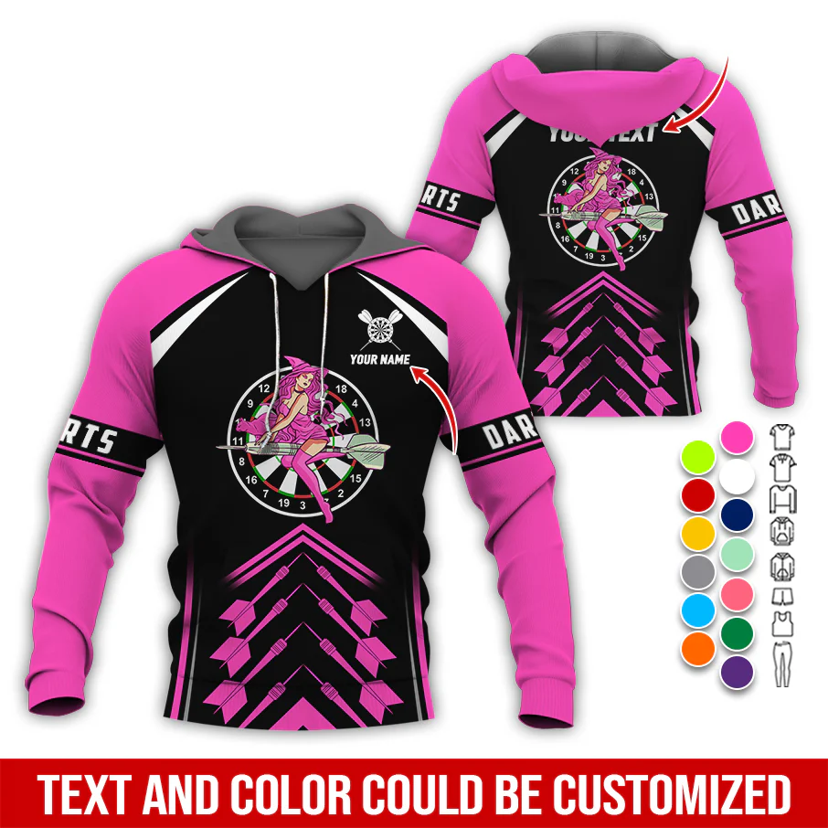 Personalized Name & Text Darts Premium Hoodie, Witch Riding Broom & Darts Hoodie, Perfect Gift For Darts Lovers, Friend, Family - Image 9