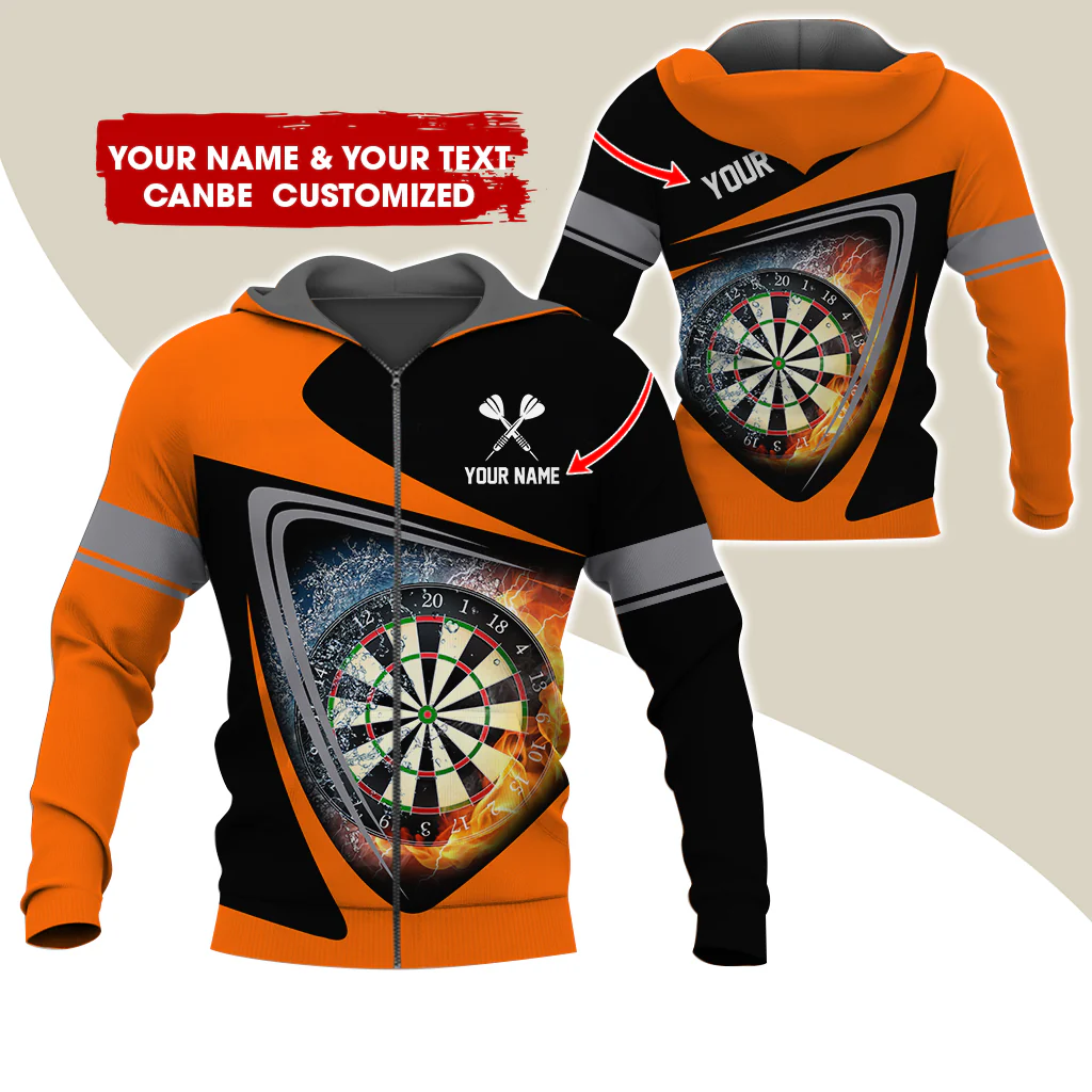 Personalized Name & Text Darts Premium Zip Hoodie, Custom Fire Dartboard Zip Hoodie For Men & Women - Gift For Darts Lovers, Darts Players - Image 2