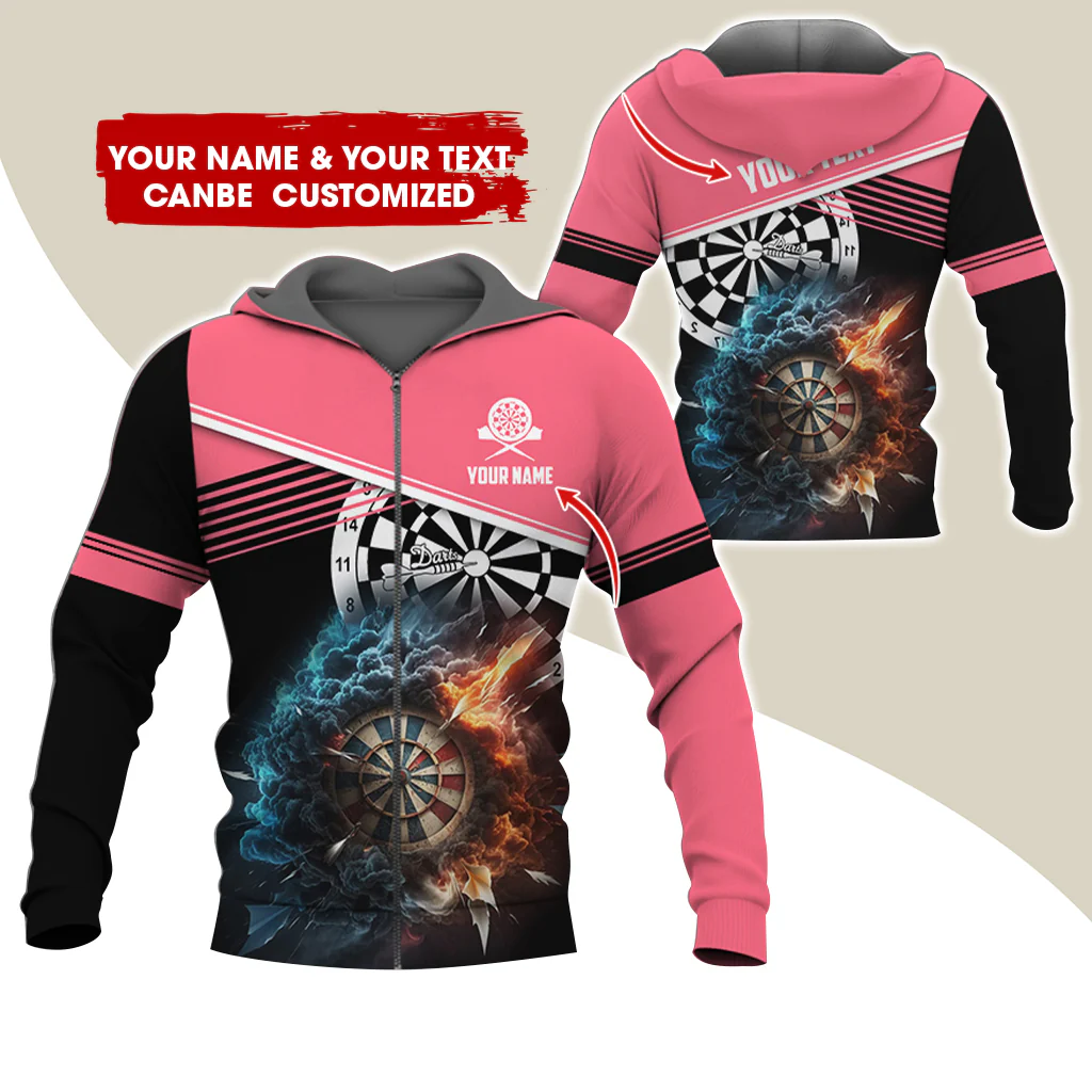 Personalized Name & Text Darts Premium Zip Hoodie, Customized Name Cloudy Fire Darts Zip Hoodie For Men & Women - Gift For Darts Lovers, Darts Players - Image 3