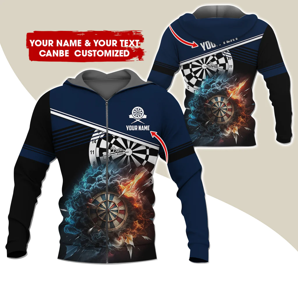 Personalized Name & Text Darts Premium Zip Hoodie, Customized Name Cloudy Fire Darts Zip Hoodie For Men & Women - Gift For Darts Lovers, Darts Players - Image 5