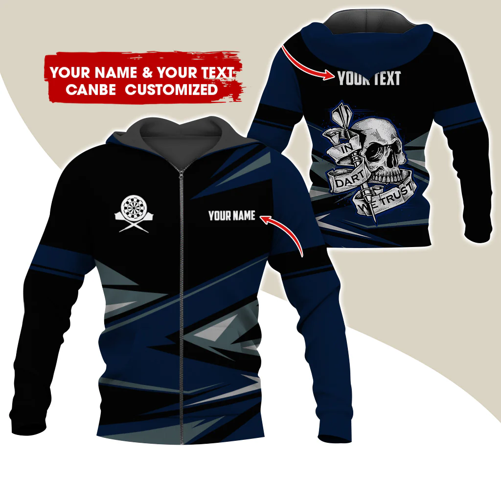 Personalized Name & Text Darts Premium Zip Hoodie, Customized Name Skull In Darts Zip Hoodie For Men & Women - Gift For Darts Lovers, Darts Players - Image 6