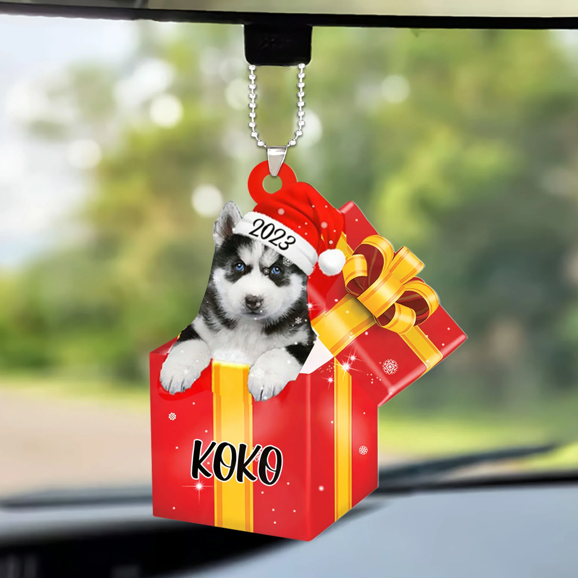 Personalized Siberian Husky In Red Gift Box Car Ornament Custom Name Pet Christmas Car Ornament - Gift For Dog Lovers, Pet Lovers - Image 2