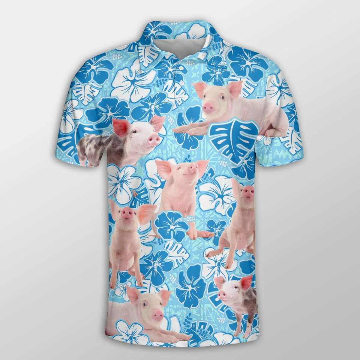 Pig Men Polo Shirt For Summer - Pig Blue Floral Pattern Button Shirt For Men - Perfect Gift For Pig Lovers, Cattle Lovers