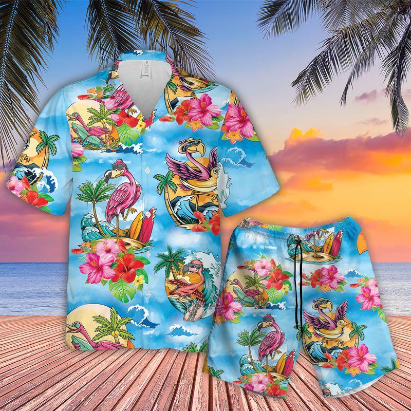 Pink Flamingo Aloha Hawaiian Shirts For Summer, Hibiscus Flower Cartoon Hawaiian Set Vacation Outfit For Men Women, Gift For Friend, Family