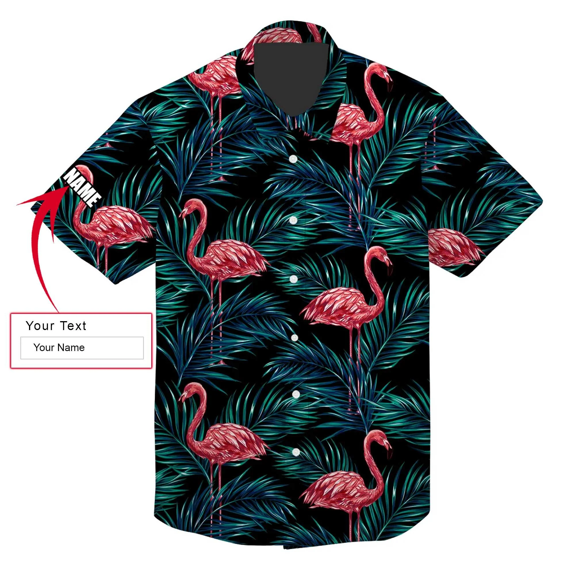 Pink Flamingo Tropical Custom Name Aloha Hawaiian Shirt For Summer, Palm Leaves Floral Pattern Personalized Hawaiian Shirts Outfit For Men Women