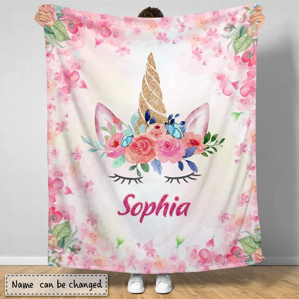 Pink Floral Unicorn Baby Kids Blanket With Custom Name For Baby Girl Nursery, Daughter, Granddaughter - Image 2