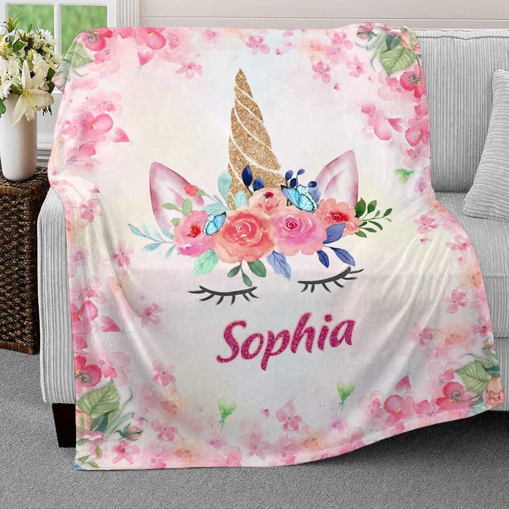 Pink Floral Unicorn Baby Kids Blanket With Custom Name For Baby Girl Nursery, Daughter, Granddaughter - Image 3