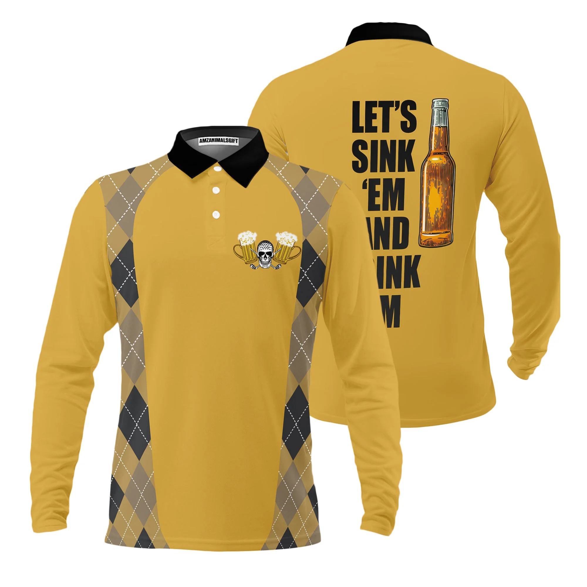 Plaid Pattern Golf Beer Men Long Sleeve Polo Shirt , Let's Sink 'Em And Drink 'Em Golf Long Sleeve Polo Shirt - Image 2
