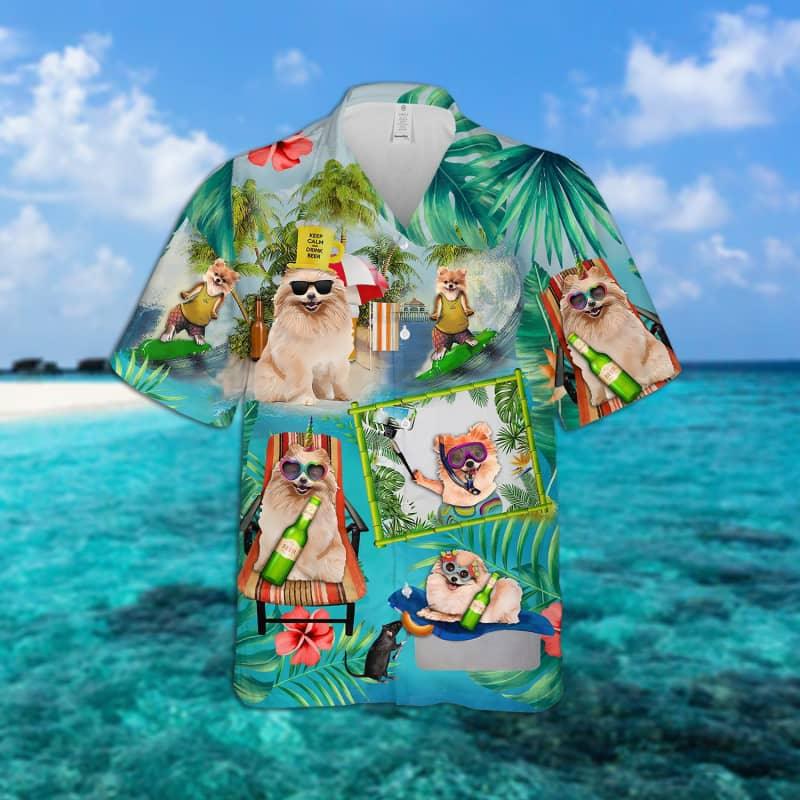 Pomeranian Hawaiian Shirt, Pomeranian Surfing On Beach Hawaiian Shirt For Men - Perfect Gift For Pomeranian Lover, Husband, Boyfriend, Friend, Family - Image 2