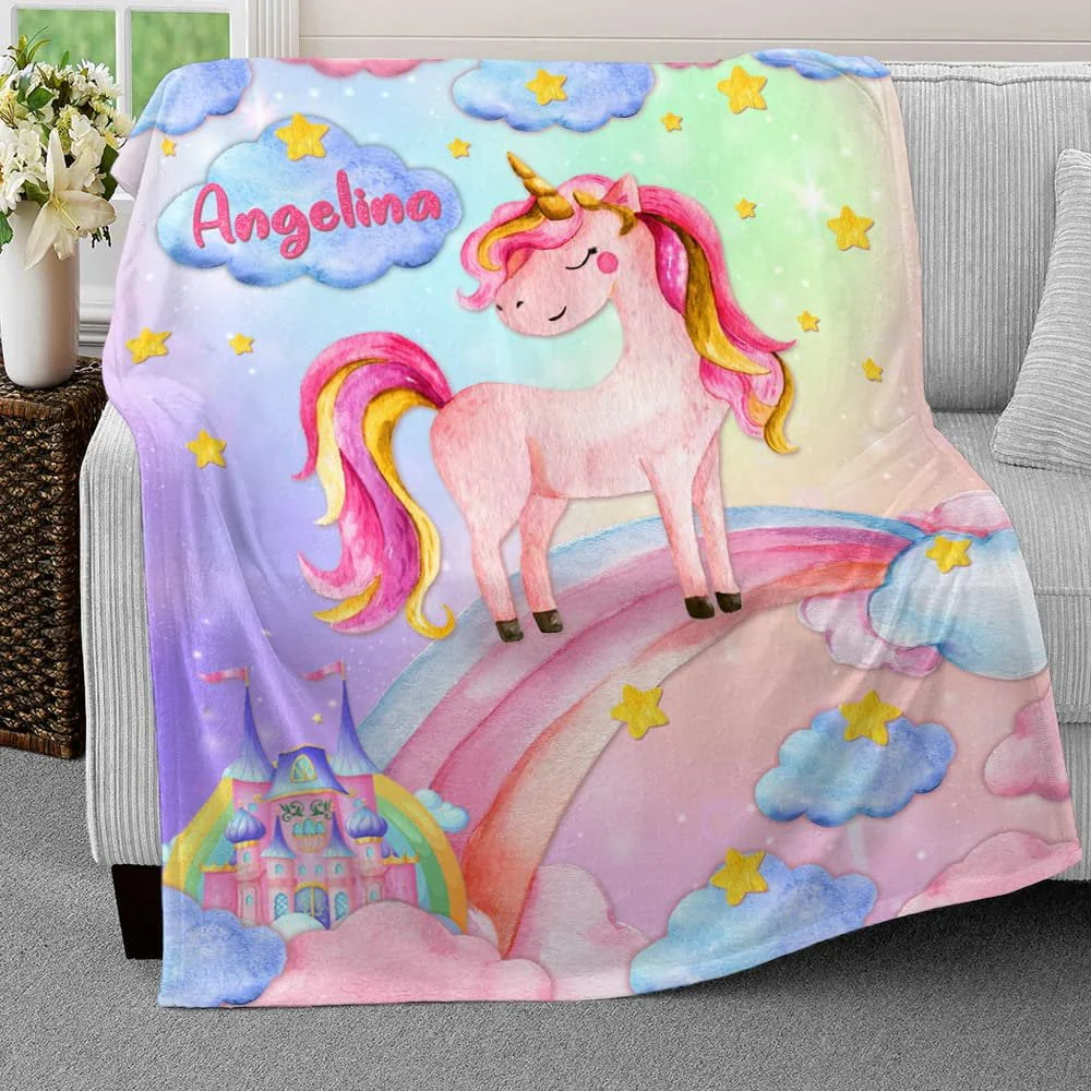 Princess Unicorn Rainbow Baby Kids Blanket With Custom Name For Baby Girl Nursery, Daughter, Granddaughter - Image 3