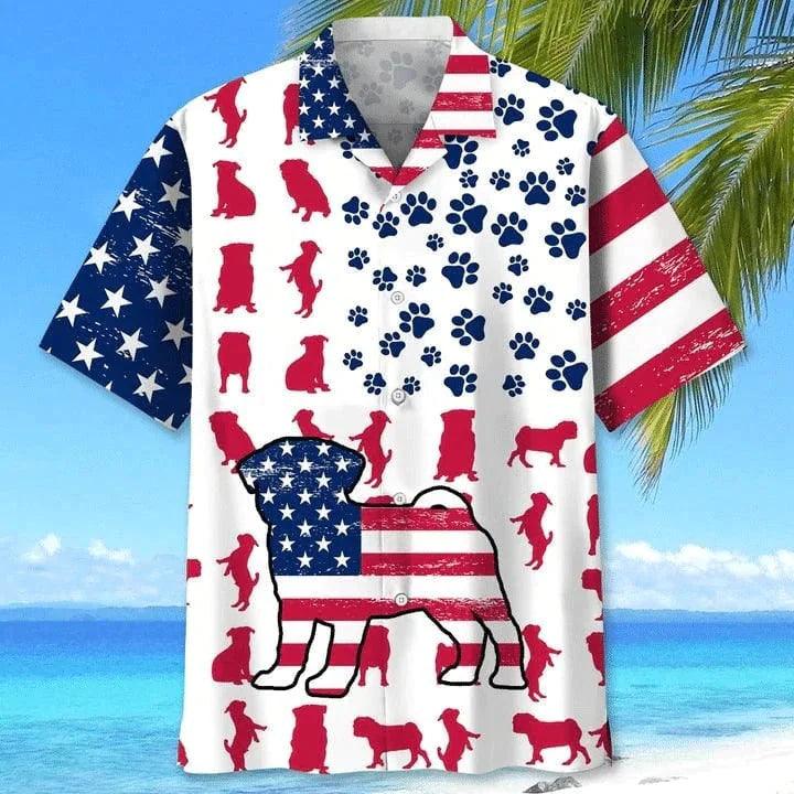 Pug Aloha Hawaiian Shirts For Summer, Independence Day Is Coming, Dog Paw Prints Aloha Hawaiian Shirt For Men Women, 4th Of July Gift For Dog Lovers