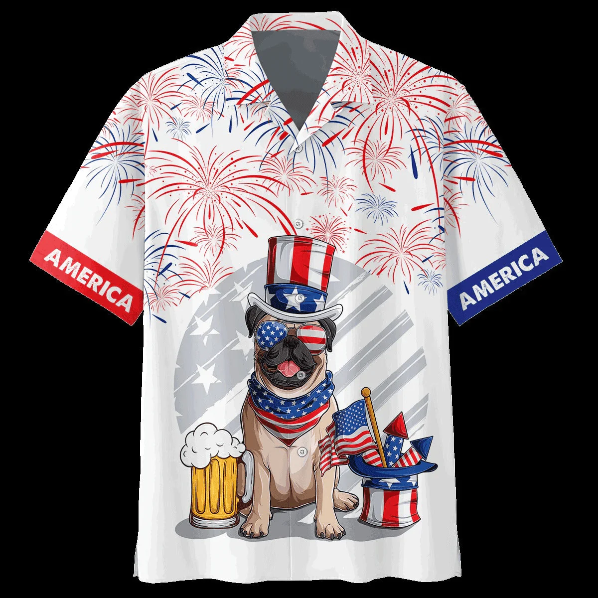 Pug And Beer Aloha Hawaiian Shirts For Summer, Pug Dog Independence Day Aloha Hawaiian Shirt For Men Women, Fourth Of July Apparel Gift For Dog Lovers