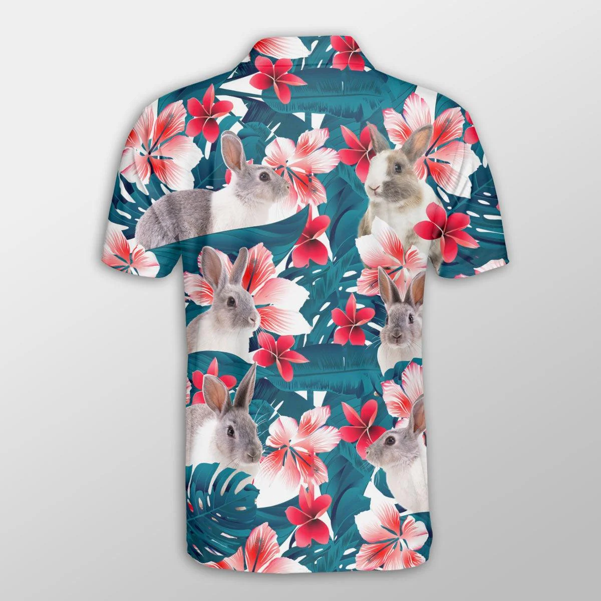 Rabbit Men Polo Shirts For Summer - Rabbit Tropical Floral Pattern Farm Lovers Button Shirts For Men - Perfect Gift For Rabbit Lovers, Cattle Lovers - Image 2