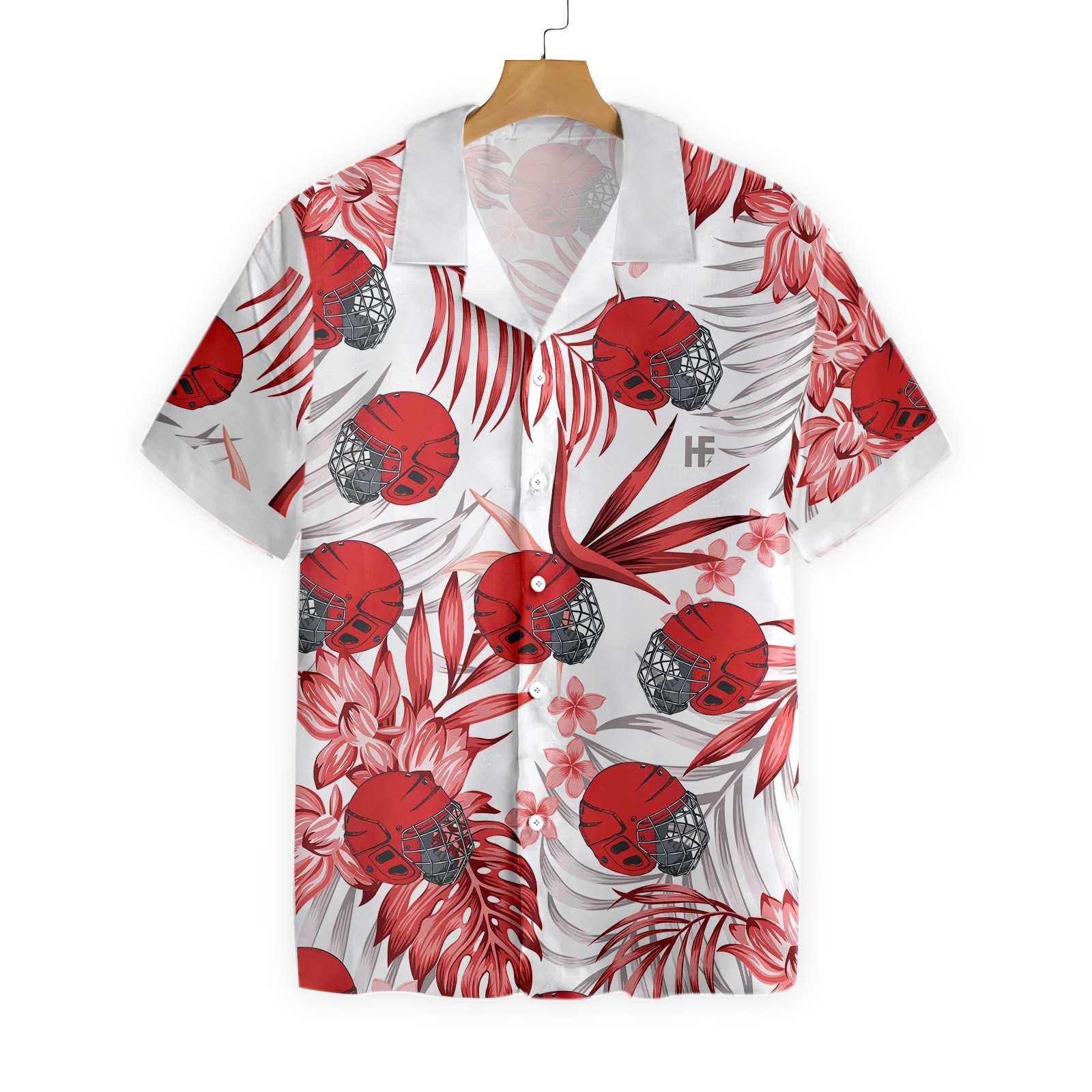 Red Hockey Helmet Aloha Hawaiian Shirt For Summer, Colorful Hawaiian Shirt Outfit For Men Women, Gift For Friend, Team, Family, Hockey Lovers - Image 3