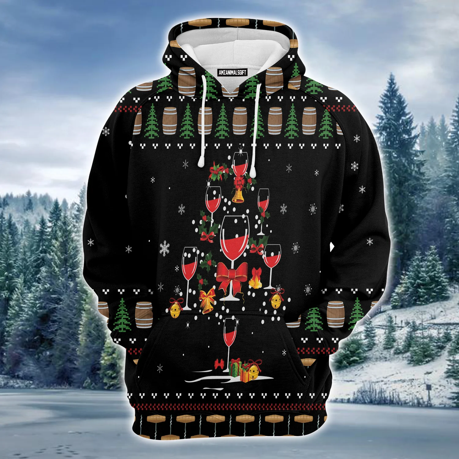 Red Wine Christmas Premium Christmas Hoodie, Christmas Tree Pattern Unisex Hoodie For Men & Women - Perfect Gift For Christmas, Friends, Family - Image 2