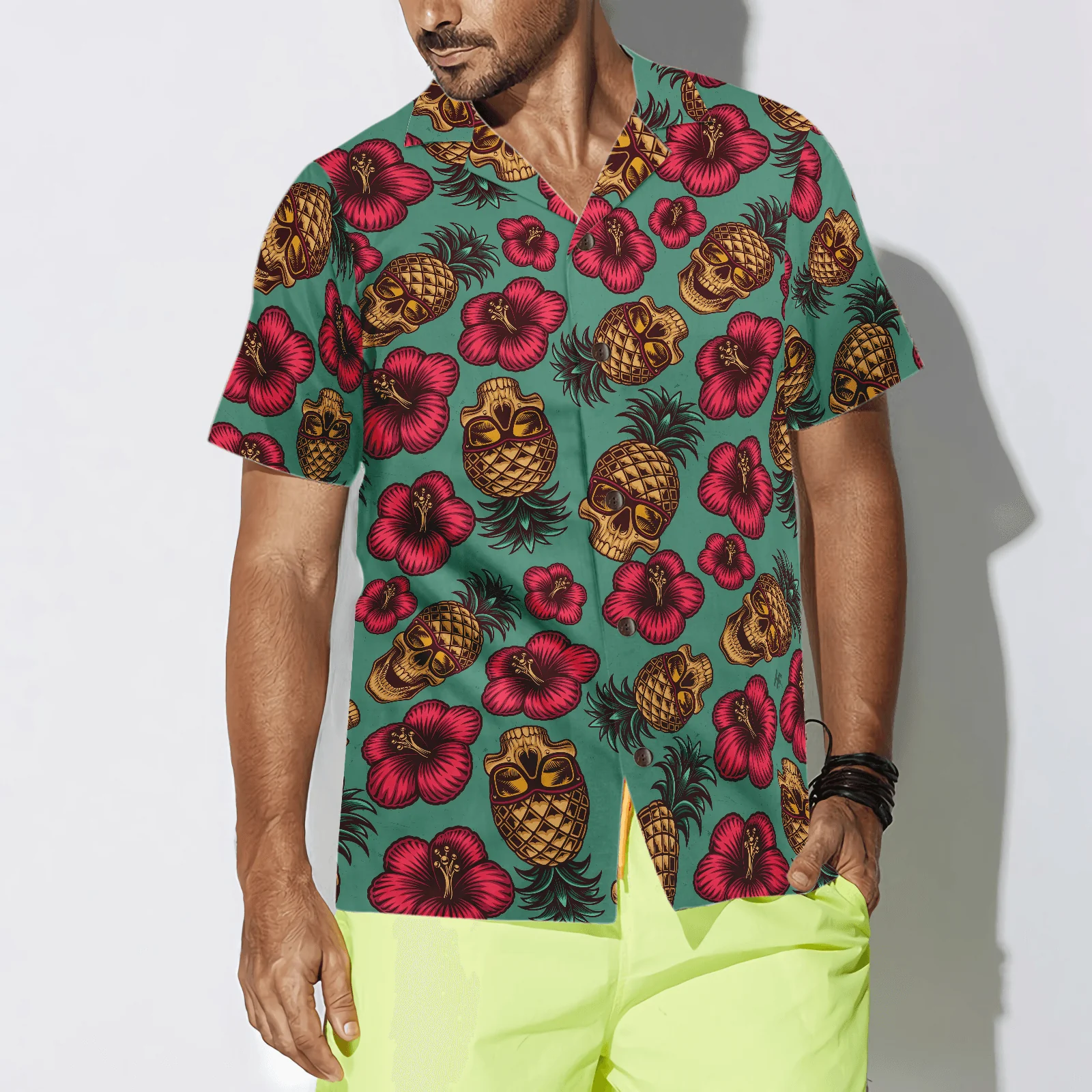 Retro Pineapple Skull Hibiscus Pattern Hawaiian Shirt, Colorful Summer Aloha Shirt For Men Women, Perfect Gift For Friend, Family, Husband, Wife - Image 2