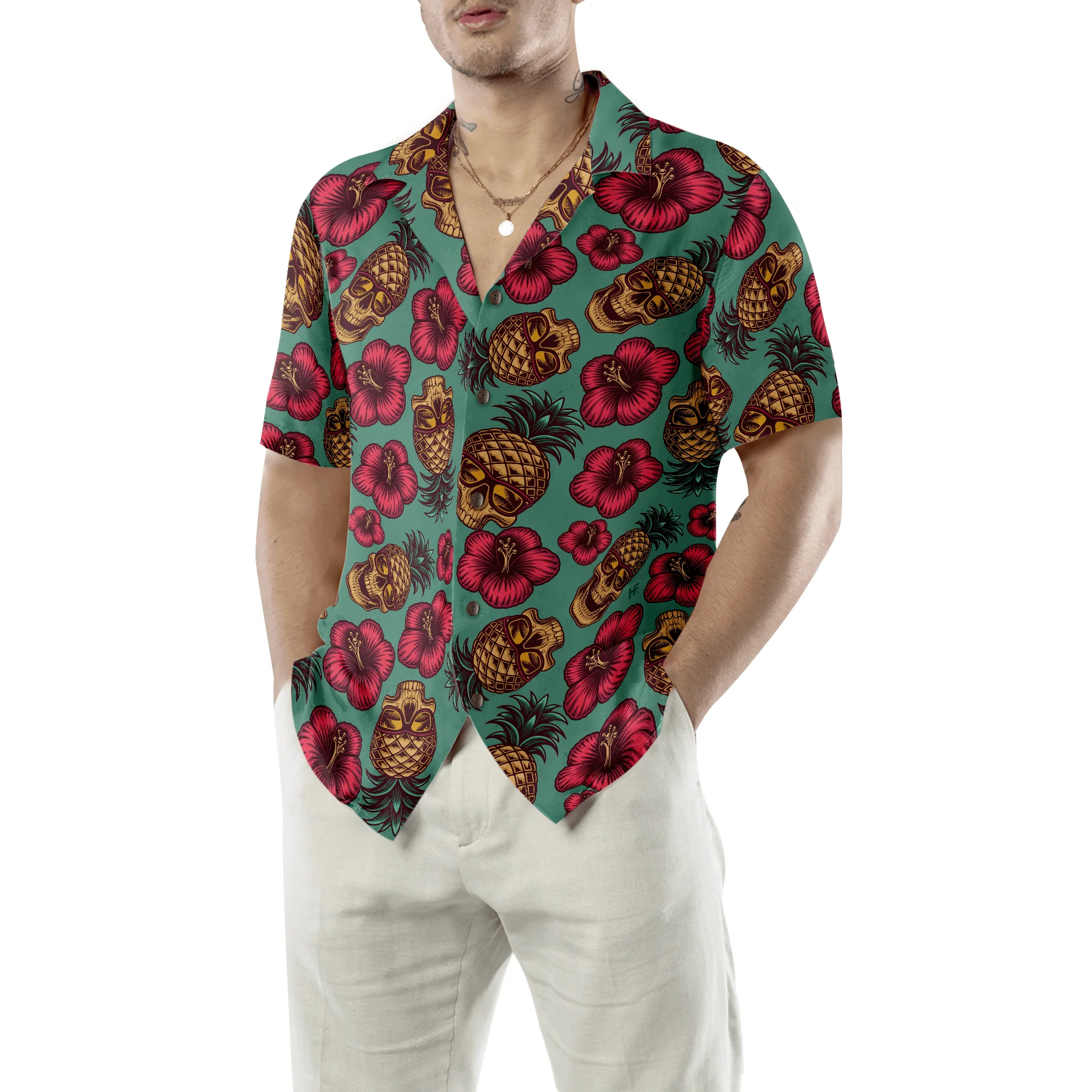 Retro Pineapple Skull Hibiscus Pattern Hawaiian Shirt, Colorful Summer Aloha Shirt For Men Women, Perfect Gift For Friend, Family, Husband, Wife - Image 5