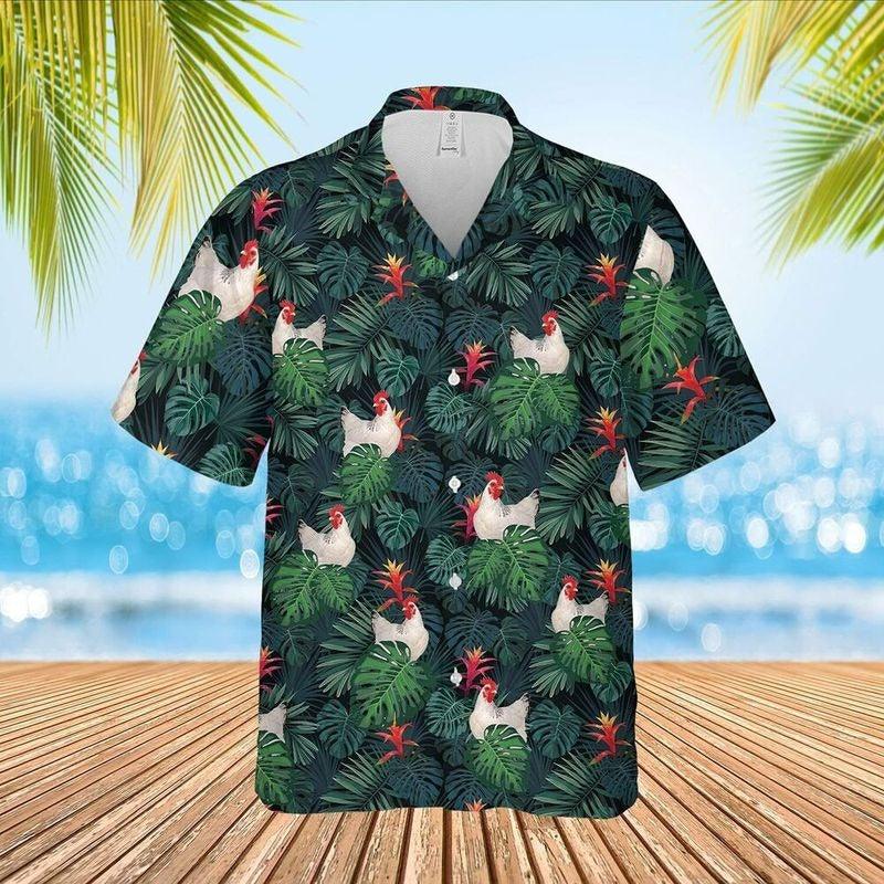 Rooster Aloha Hawaiian Shirt - White Rooster Farm Hawaiian Shirt, Tropcical Leaf Hawaiian Shirt For Men & Women, Rooster Lover