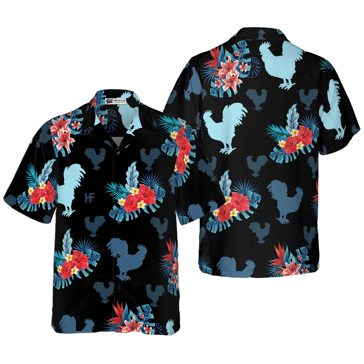 Rooster Hawaiian Shirt, Tropical Flowers, Rooster In Tropical Blue Aloha Shirt For Men - Perfect Gift For Husband, Boyfriend, Friend, Family