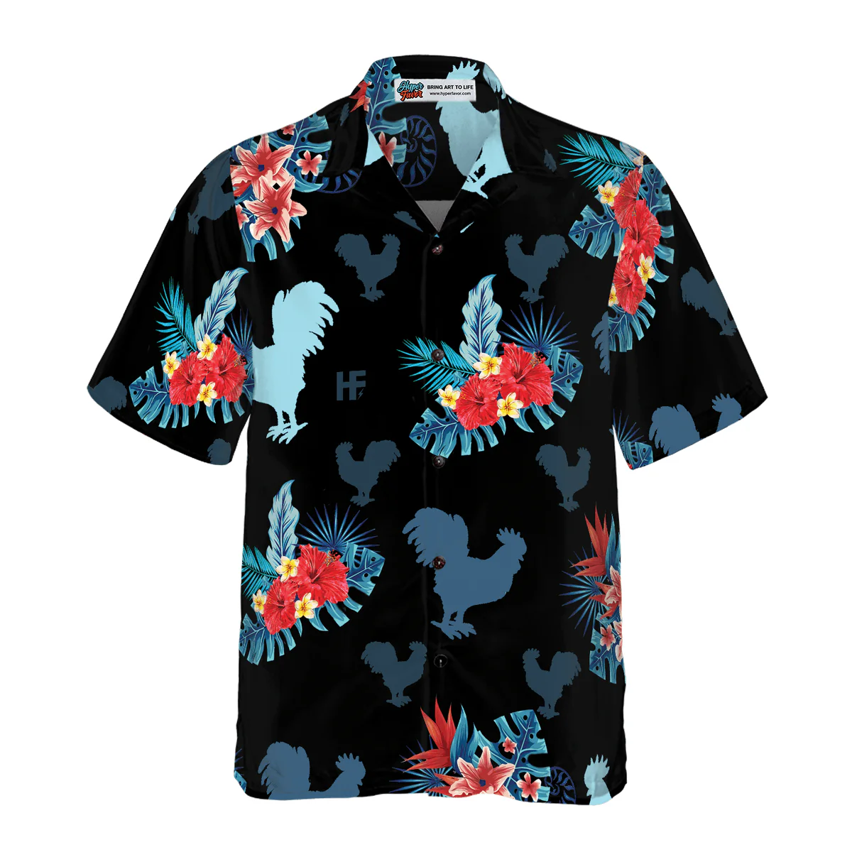 Rooster Hawaiian Shirt, Tropical Flowers, Rooster In Tropical Blue Aloha Shirt For Men - Perfect Gift For Husband, Boyfriend, Friend, Family - Image 2