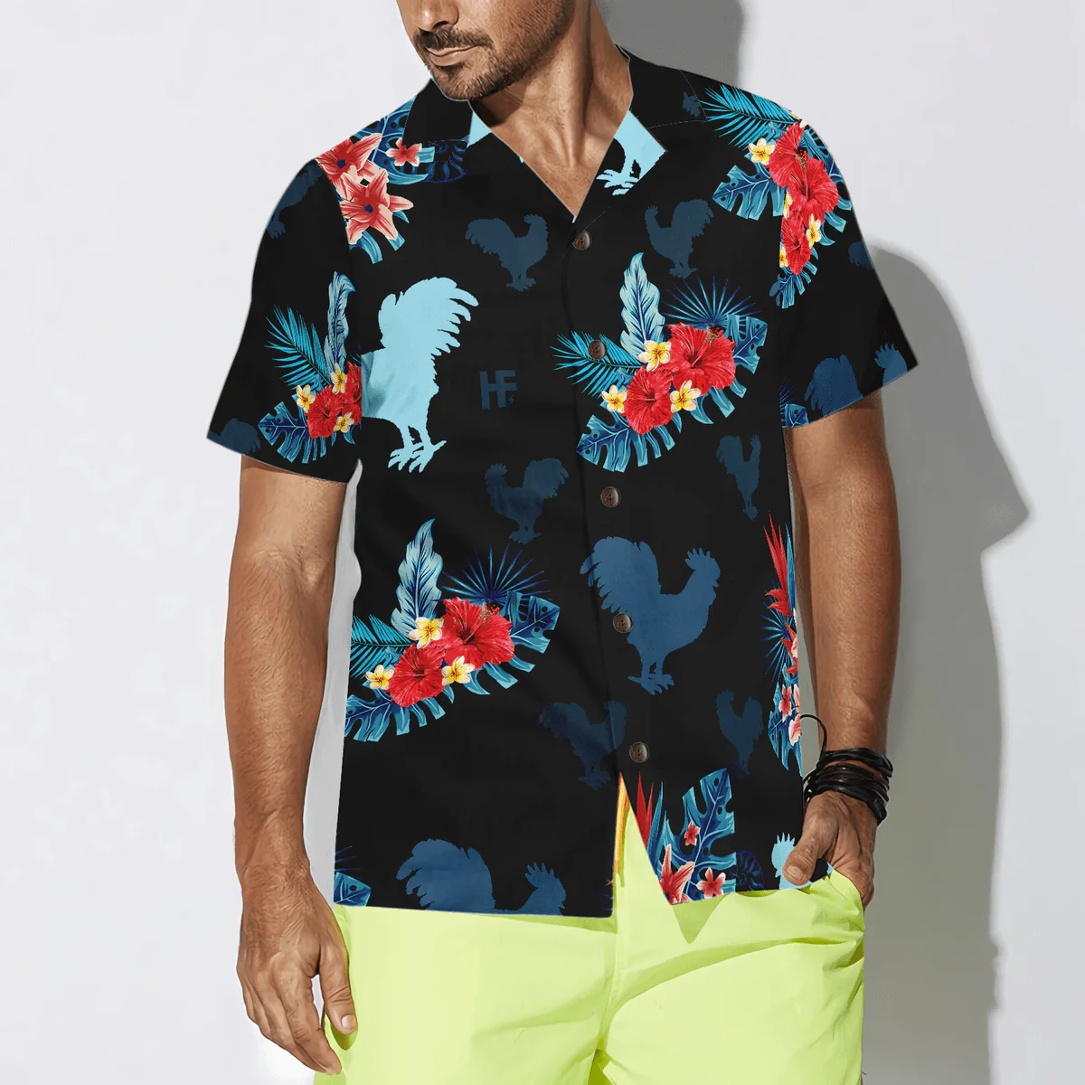 Rooster Hawaiian Shirt, Tropical Flowers, Rooster In Tropical Blue Aloha Shirt For Men - Perfect Gift For Husband, Boyfriend, Friend, Family - Image 4