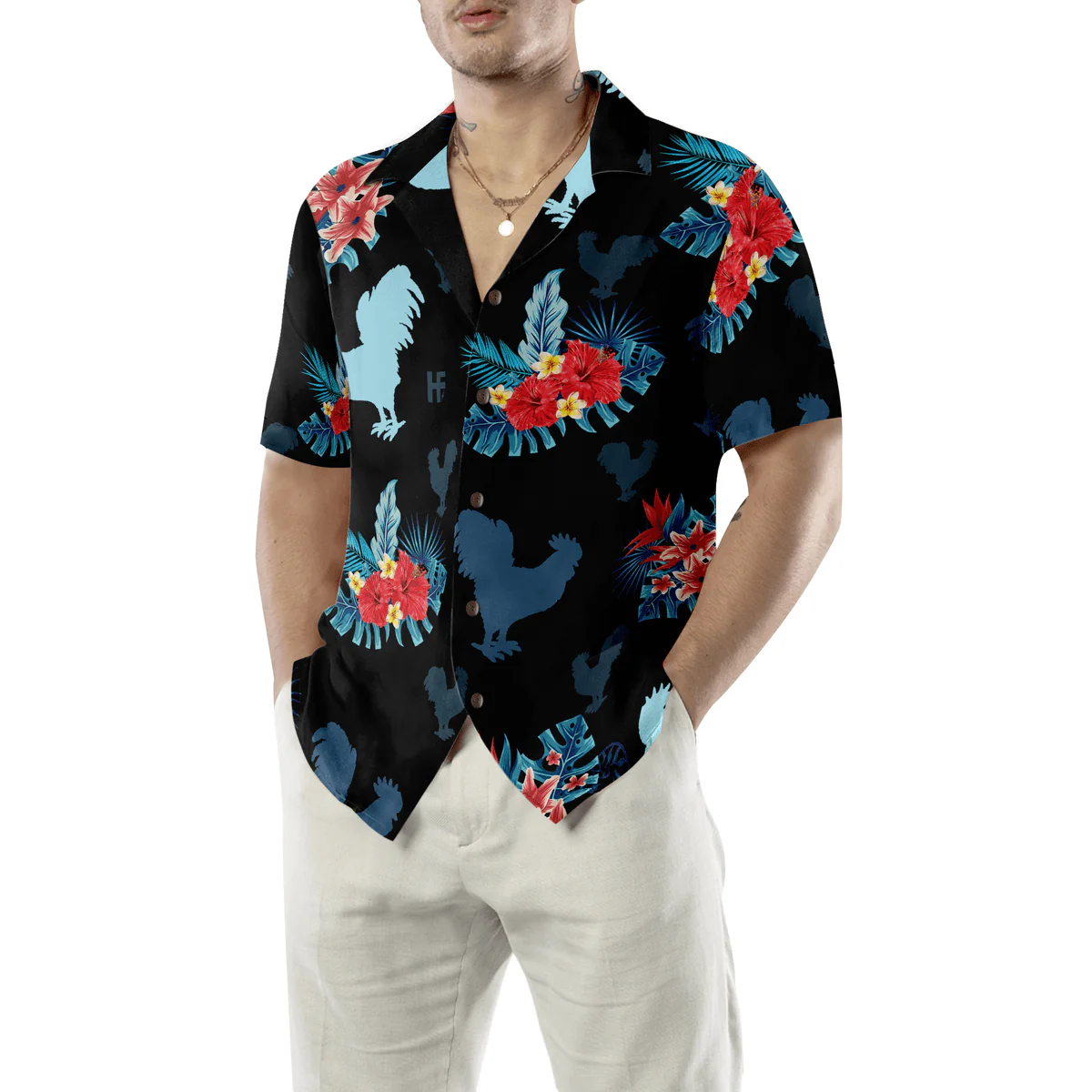 Rooster Hawaiian Shirt, Tropical Flowers, Rooster In Tropical Blue Aloha Shirt For Men - Perfect Gift For Husband, Boyfriend, Friend, Family - Image 5