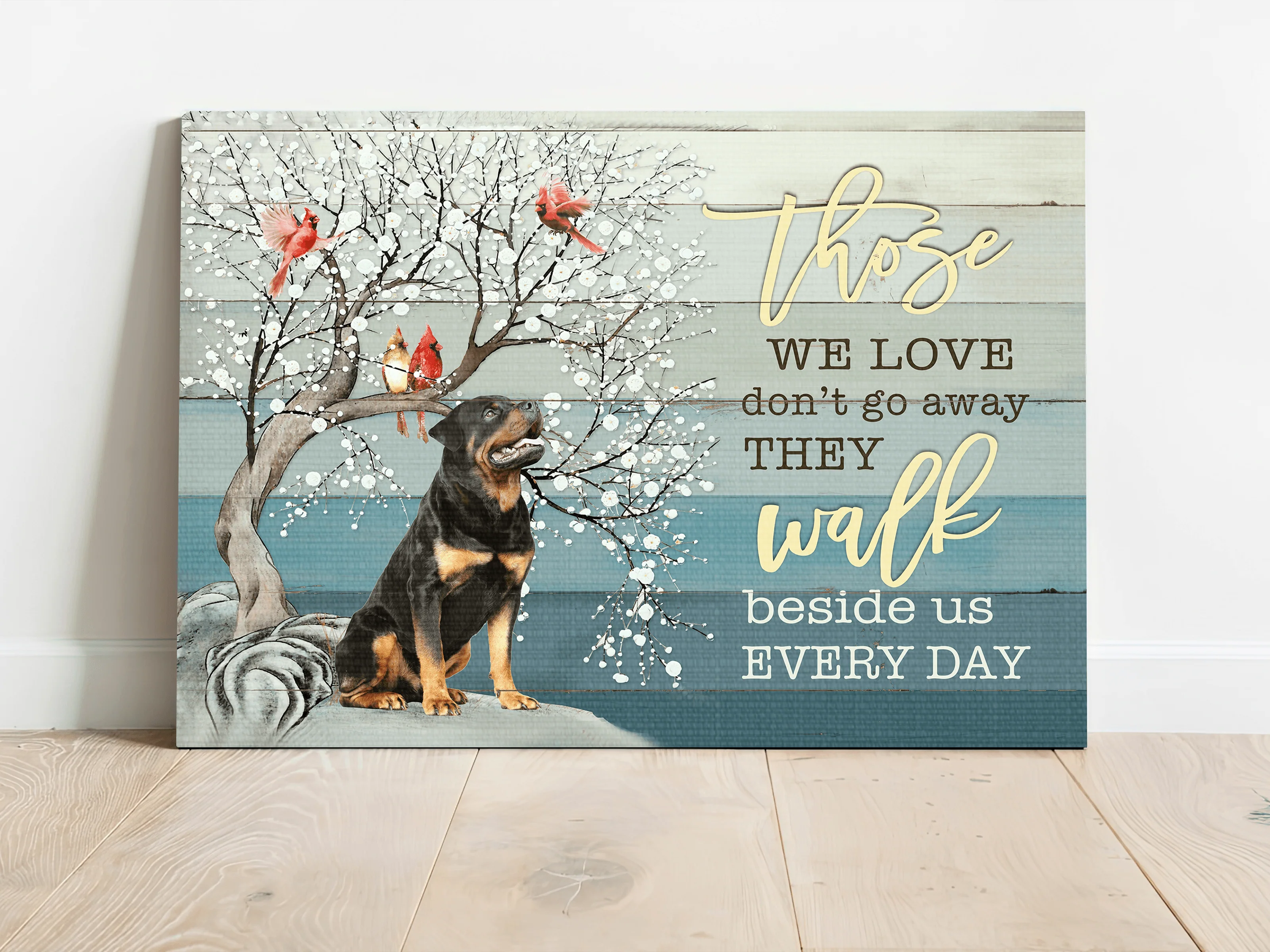 Rottweiler Landscape Canvas- Rottweiler, Under the tree, Snow Flower, Cardinal- Gift for dog lover- They walk beside us every day - Dog Landscape Canvas Prints, Wall Art - Image 2