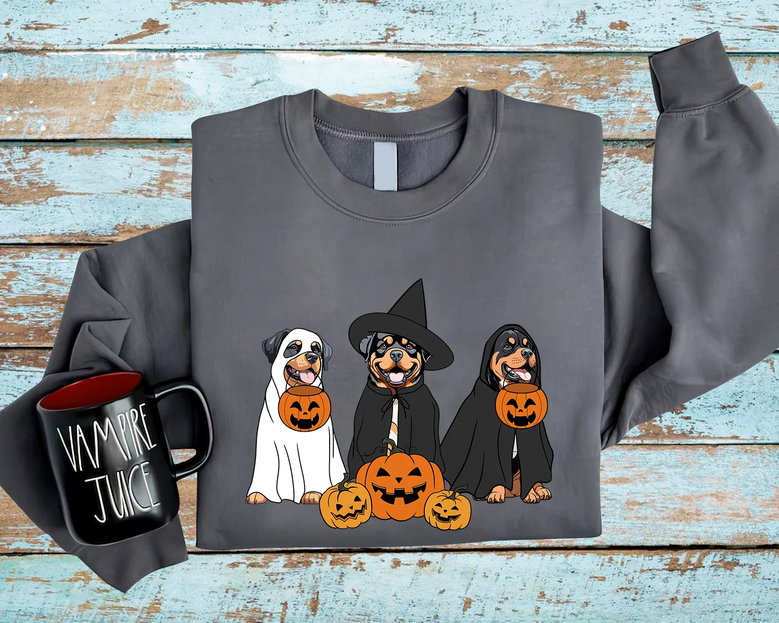Rottweiler Sweatshirt, Ghost And Witch Rottweiler Sweatshirt, Halloween Dog Shirt, Rottweiler Tee, Dog Sweatshirt - Image 4