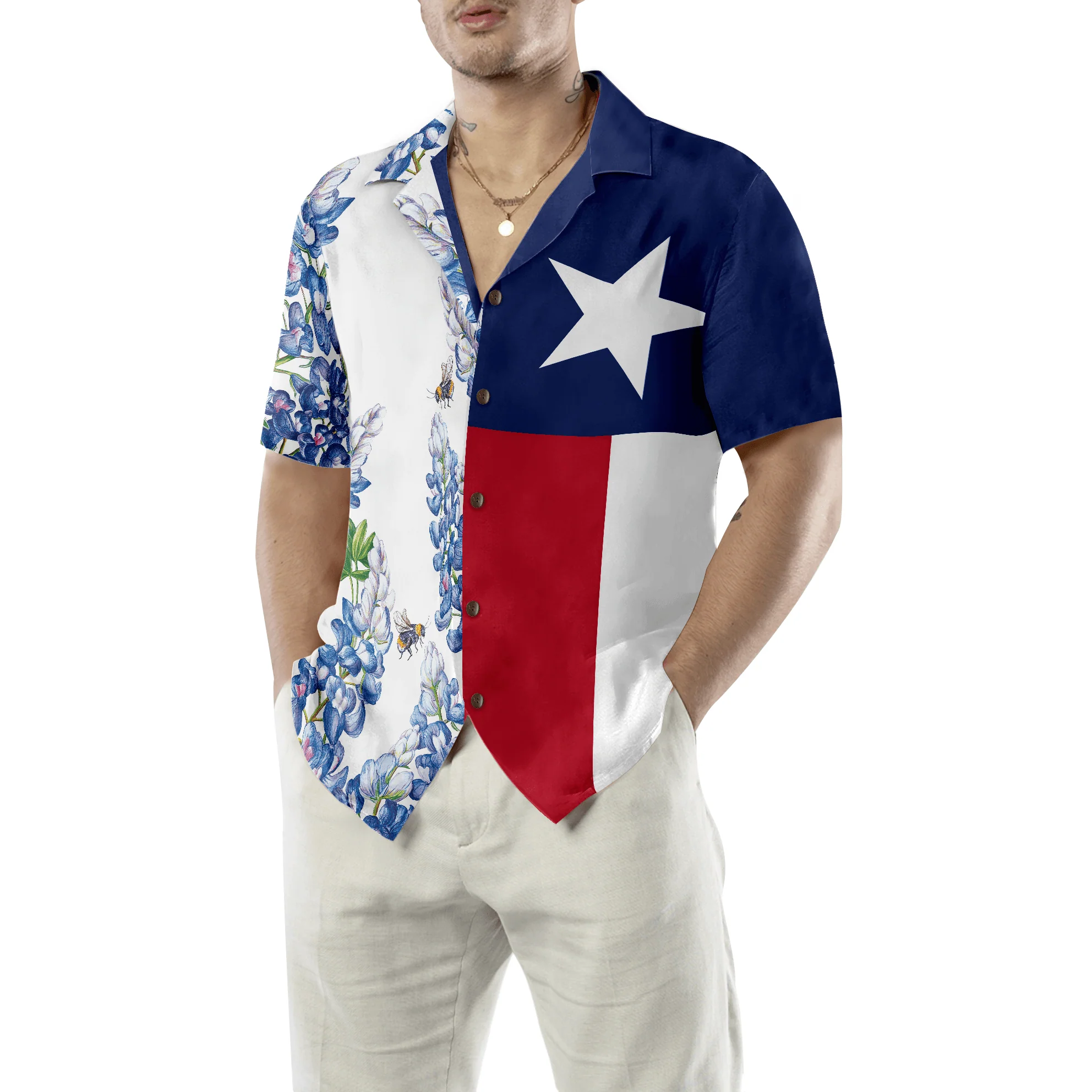 Royal Blue Bluebonnet Floral Texas Flag Hawaiian Shirt, Italic Star, Proud Texas, Colorful Summer Aloha Shirt Perfect Gift For Men Women - Image 5