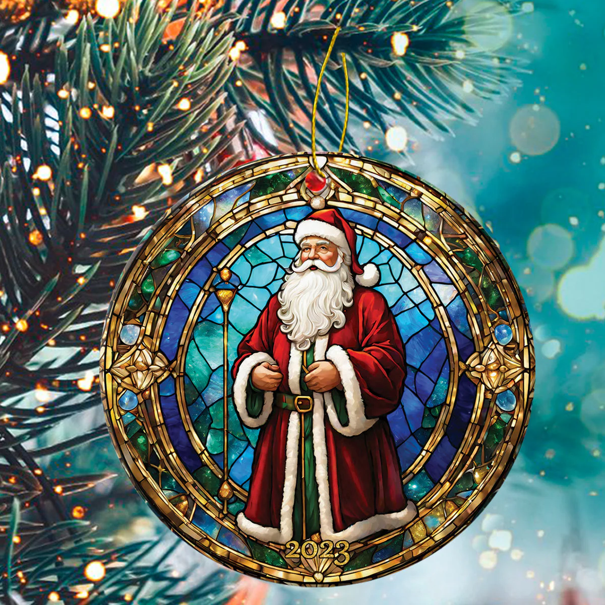 Santa Claus Ceramic Christmas Ornament - Santa Claus Stained Glass Circle Ceramic Ornament, Perfect Gift For Christmas - Image 3