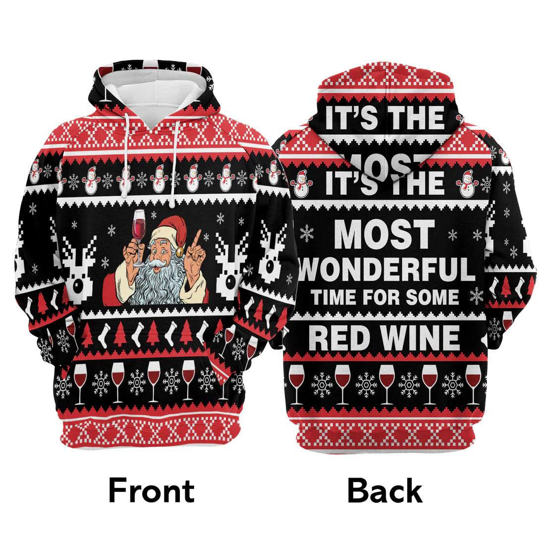 Santa Drinking Premium Christmas Hoodie, Santa Drinking Red Wine Unisex Hoodie For Men & Women - Perfect Gift For Christmas, Friends, Family - Image 3