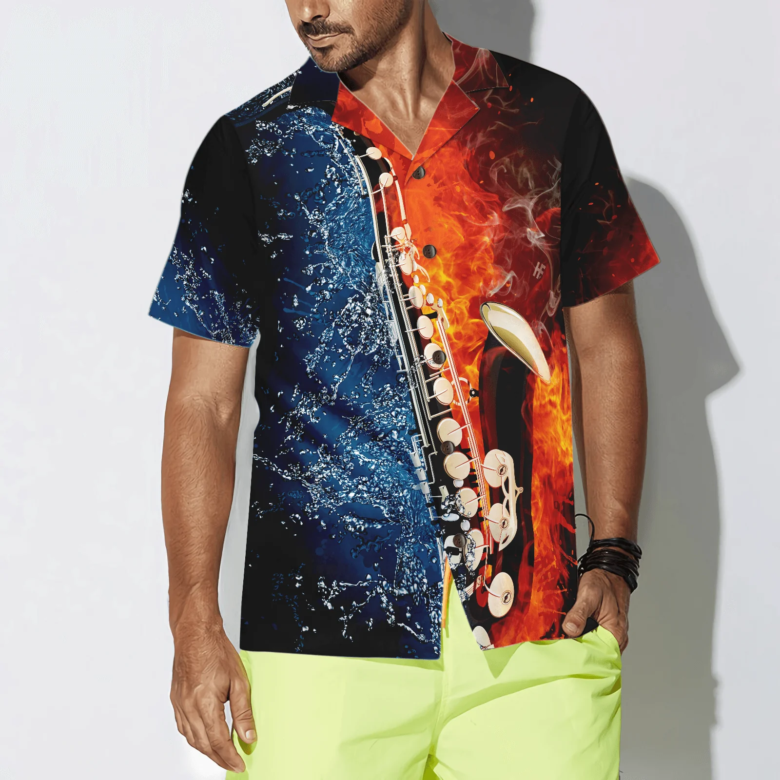Saxophone Hawaiian Shirt, Saxophone With Water And Flame Hawaiian Shirt For Men Women, Gift For Friend, Family, Saxophone Music Lovers - Image 3
