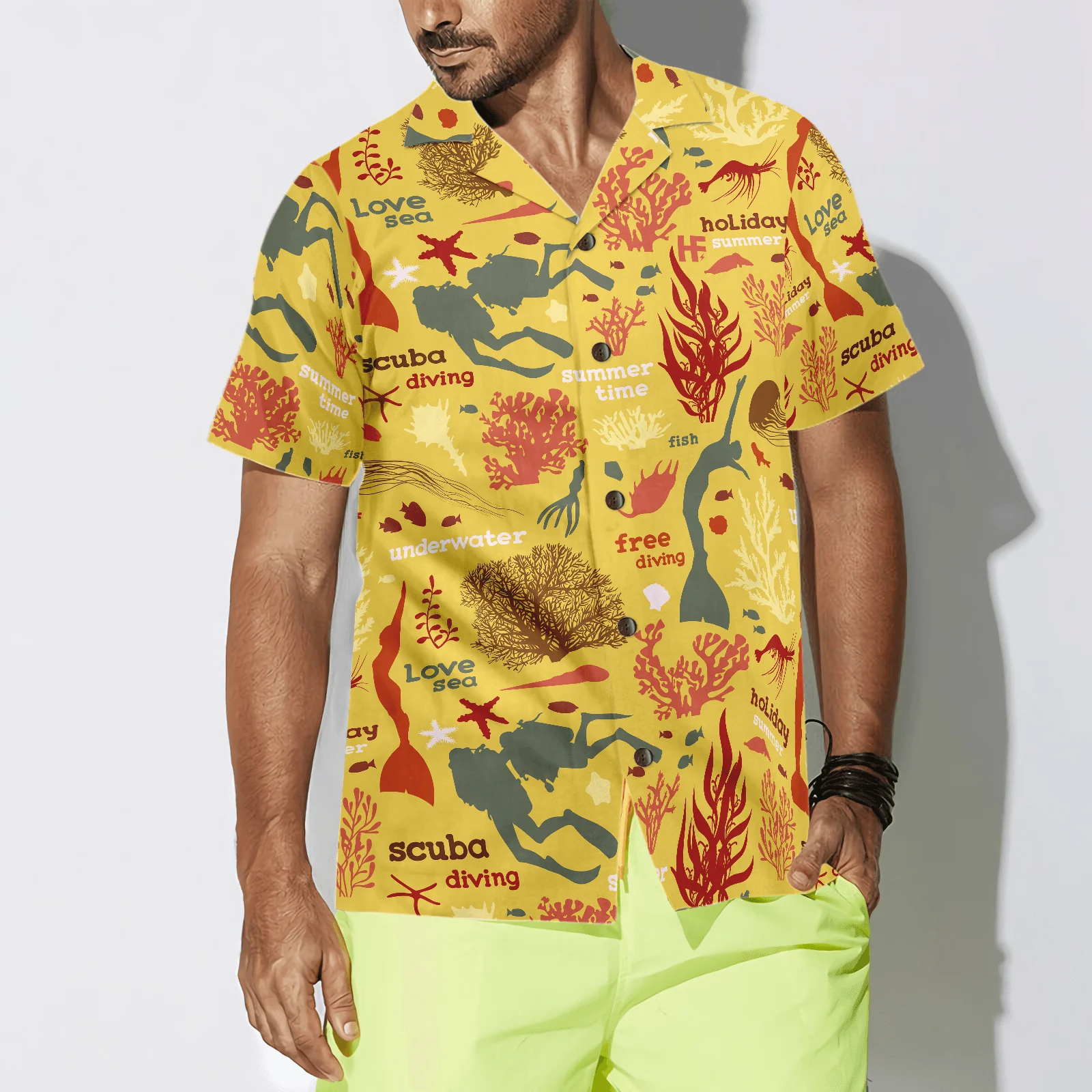 Scuba Diver And Sea Pattern Yellow Hawaiian Shirt, Colorful Summer Aloha Shirt For Men Women, Gift For Friend, Team, Diving Lovers - Image 3