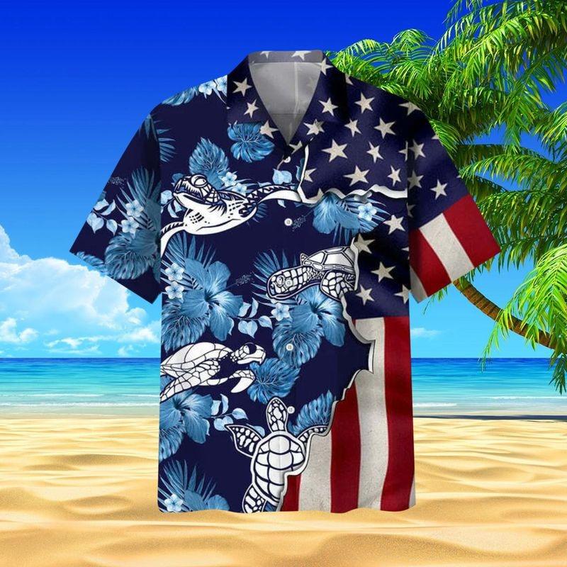 Sea Turtle Aloha Hawaiian Shirt - US Flag Tropical Flower Hawaiian Shirt, Sea Turtle Hawaiian Shirt For Men & Women, Sea Turtle Lover