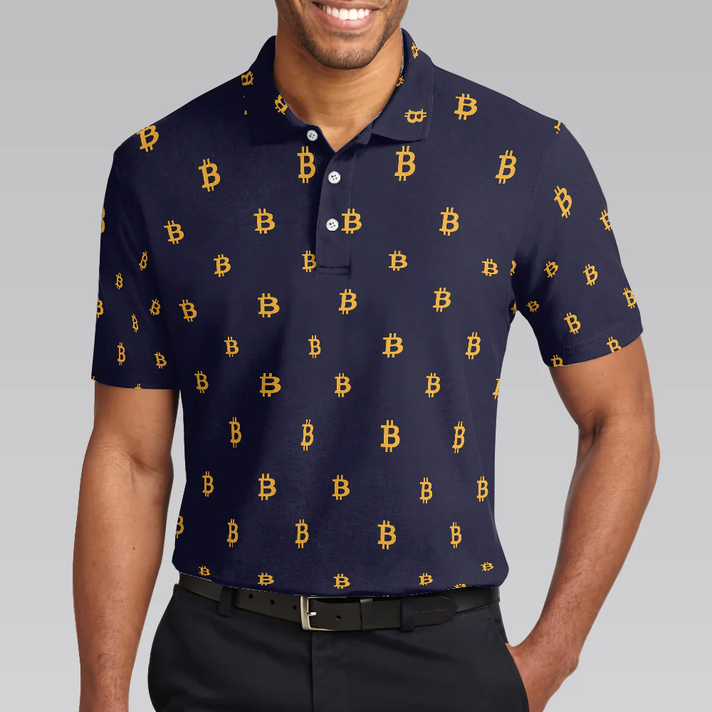 Seamless Pattern Sign Bitcoin Polo Shirt, Navy Blue And Gold Polo Shirt, Best Cryptocurrency Shirt For Men - Perfect Gift For Men, Golfer - Image 6