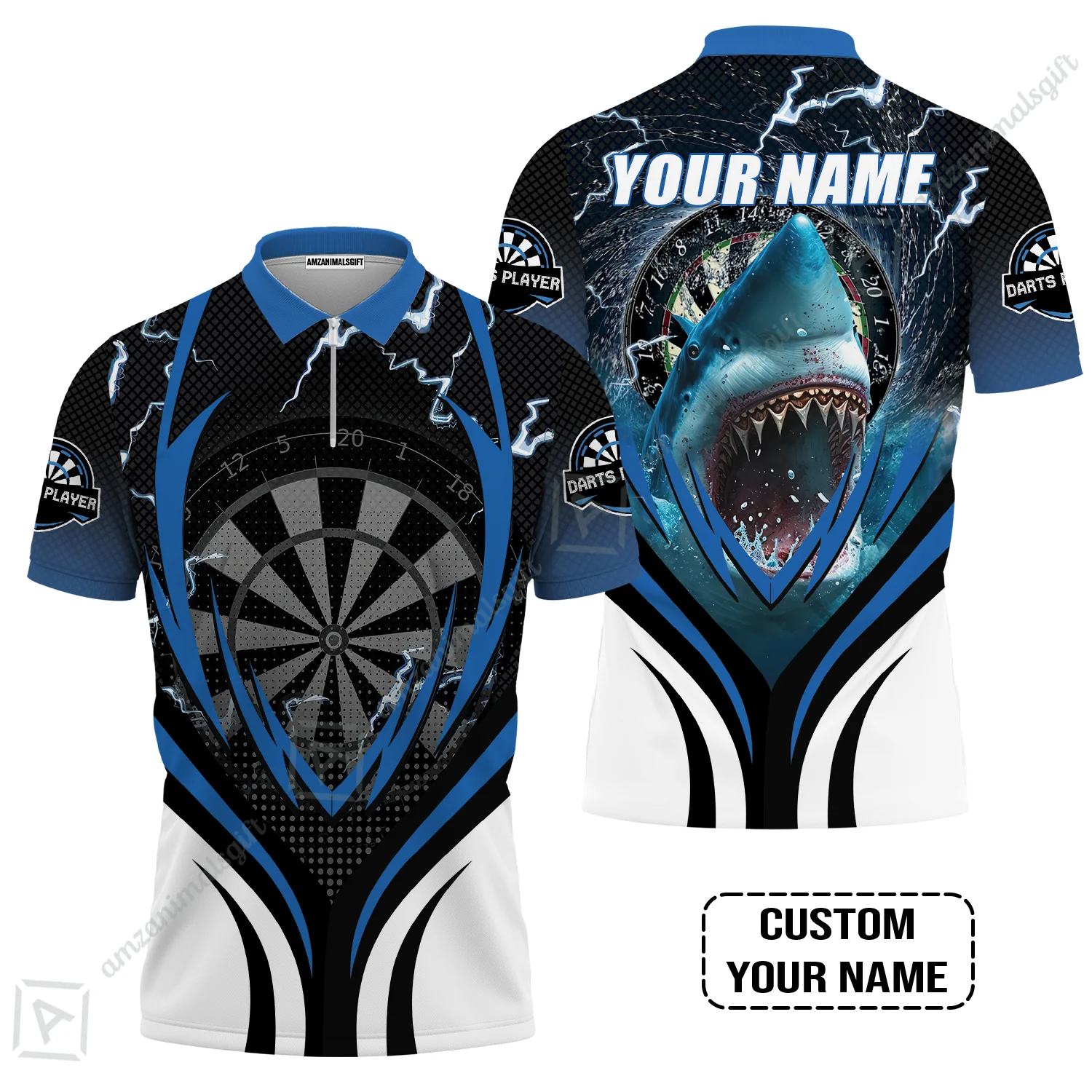 Shark And Darts Custom Name Men Polo Shirt, Bullseye Dartboard Personalized Men Polo Shirt - Image 4