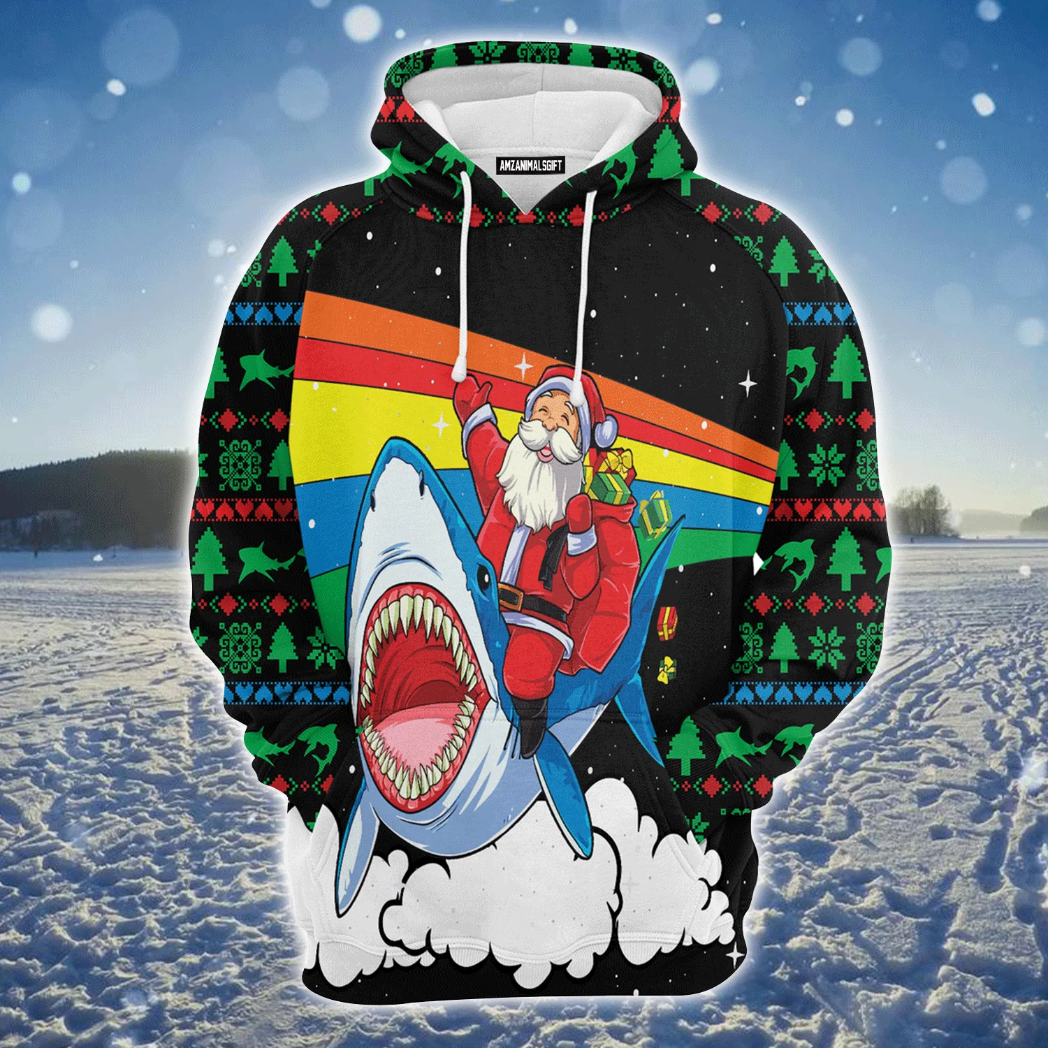 Shark Premium Christmas Hoodie, Santa Riding Shark Christmas Colorful Unisex Hoodie For Men & Women - Perfect Gift For Christmas, Shark Lover
