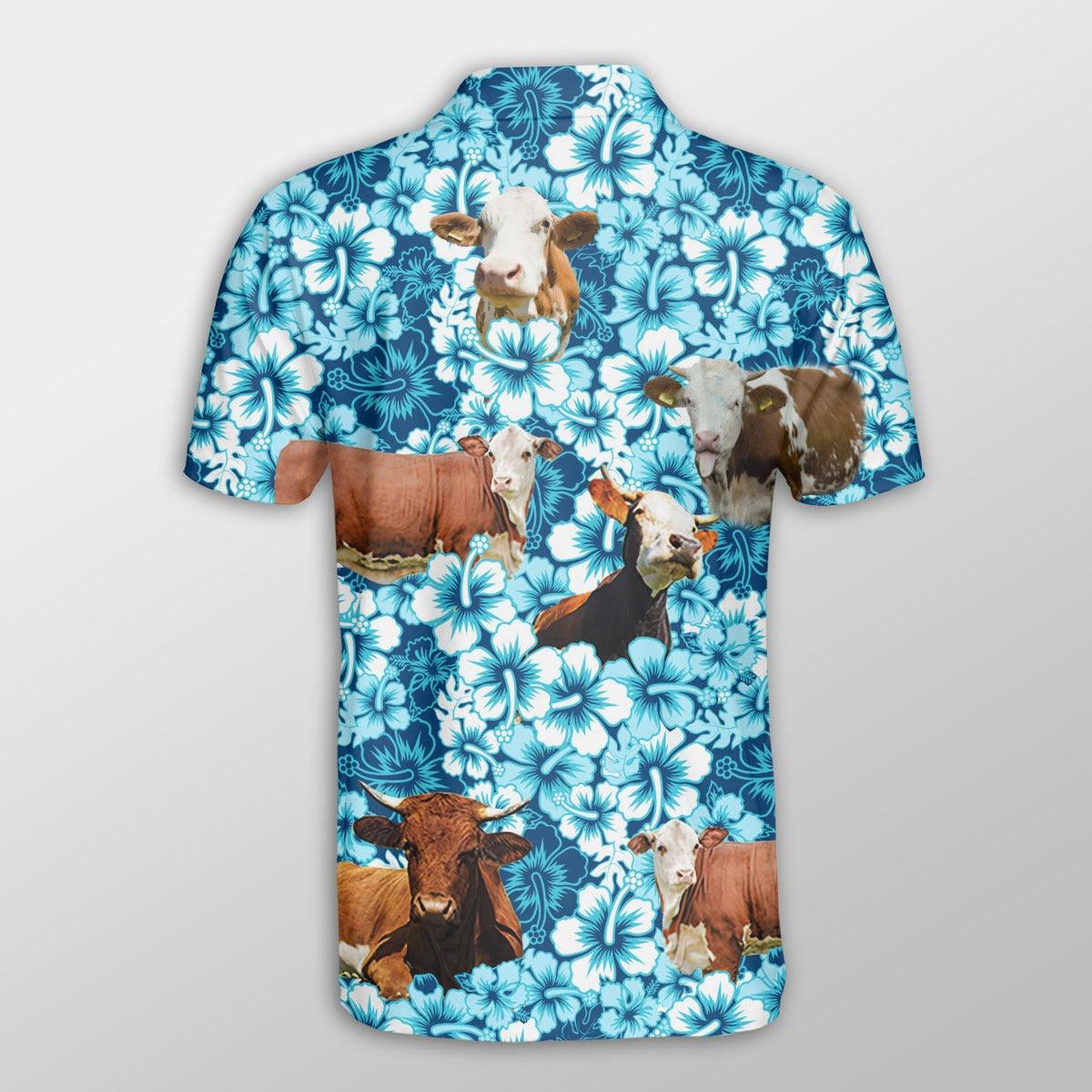 Simmental Men Polo Shirts For Summer - Simmental Blue Hibiscus Pattern Button Shirts For Men - Perfect Gift For Simmental Lovers, Cattle Lovers - Image 3