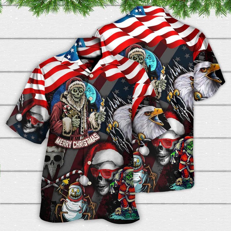 Skull Aloha Hawaiian Shirt For Summer - Skull Christmas US Flag Skeleton And Eagle Xmas Vibe Hawaiian Shirt - Perfect Gift For Men, Women, Skull Lover