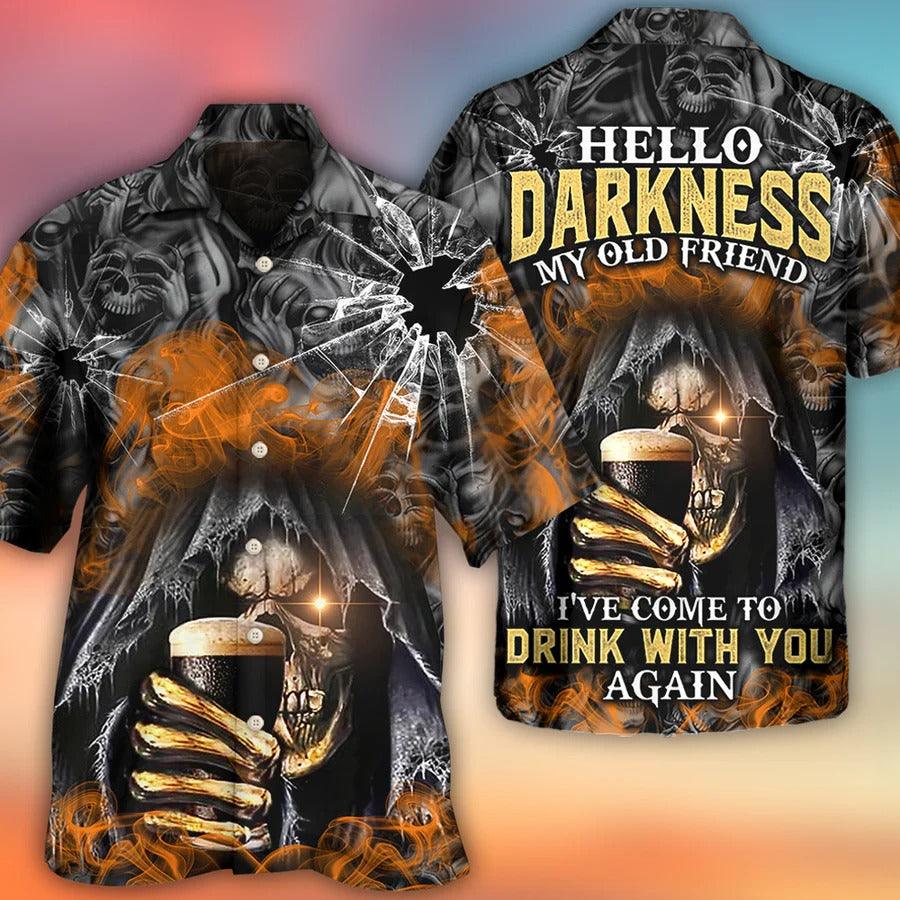 Skull Aloha Hawaiian Shirt For Summer - Skull Dark Drinking Orange Smoke Lighting Hawaiian Shirt - Hello Darkness My Old Friend Hawaiian Shirt - Perfect Gift For Men, Women, Skull Lover