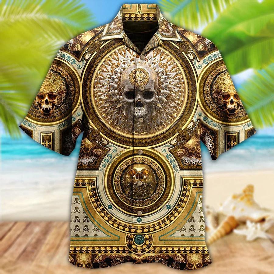 Skull Aloha Hawaiian Shirt For Summer - Skull Gold Luxury Style Hawaiian Shirt - Golden Skull Hawaiian Shirt - Perfect Gift For Men, Women, Skull Lover