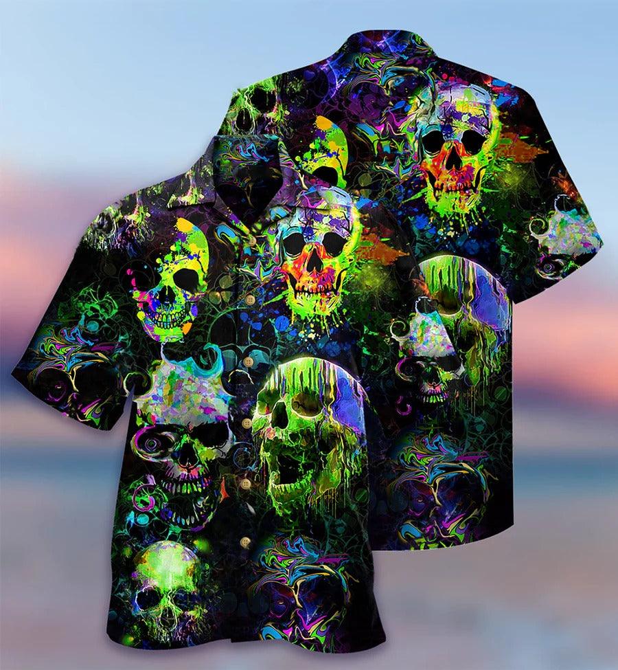 Skull Aloha Hawaiian Shirt For Summer - Skull Green Color Splash Hawaiian Shirt - Perfect Gift For Men, Women, Skull Lover - Image 3
