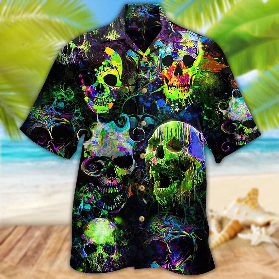 Skull Aloha Hawaiian Shirt For Summer - Skull Green Color Splash Hawaiian Shirt - Perfect Gift For Men, Women, Skull Lover - Image 4