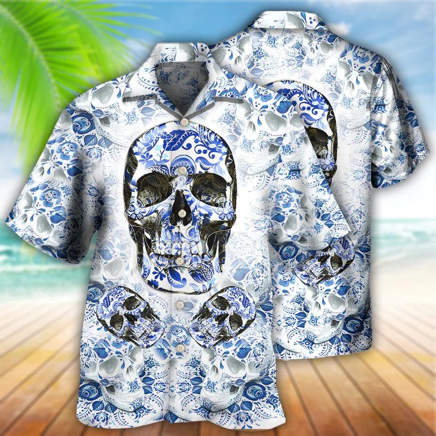Skull Aloha Hawaiian Shirt For Summer - Skull Love Life Blue White Hawaiian Shirt - Perfect Gift For Men, Women, Skull Lover - Image 2