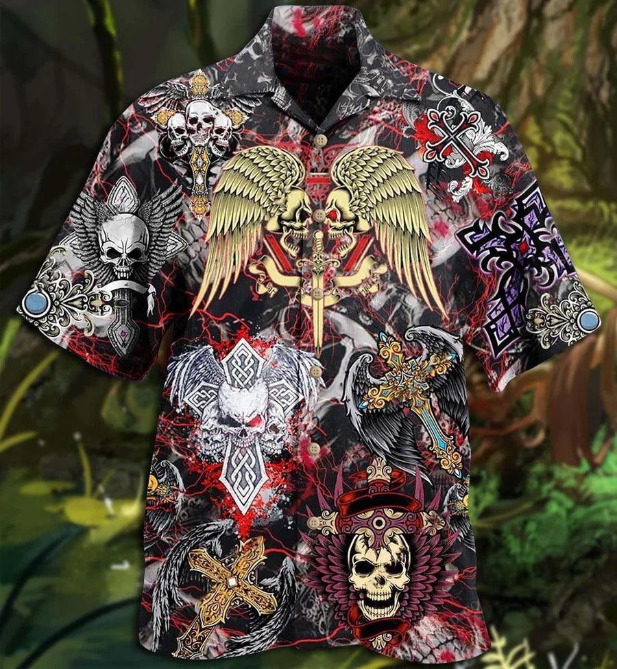 Skull Aloha Hawaiian Shirt For Summer - Skull Loves Key Cool Hawaiian Shirt - Skull And Angle Wings In Cross - Perfect Gift For Men, Women, Skull Lover - Image 2