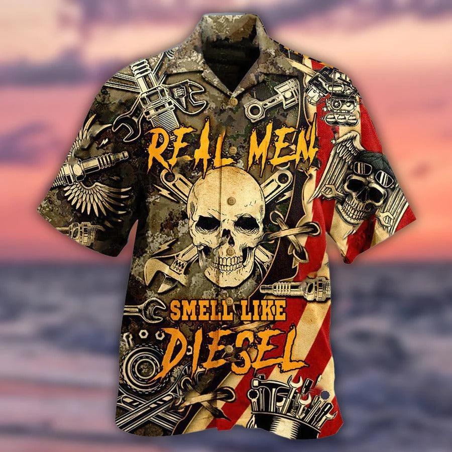 Skull Aloha Hawaiian Shirt For Summer - Skull Real Men Smell Like Diesel Hawaiian Shirt - Perfect Gift For Men, Women, Skull Lover
