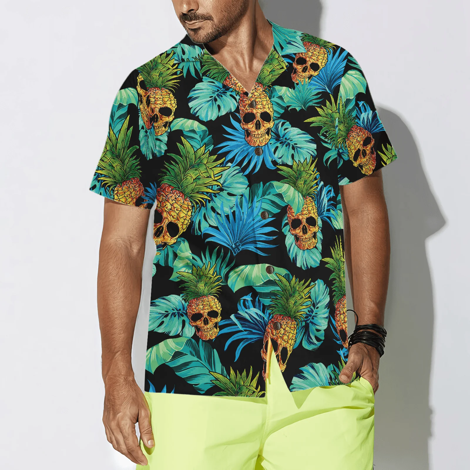 Skull Aloha Hawaiian Shirt, Pineapple Skull & The Tropical Leaves Hawaiian Shirt, Colorful Summer Aloha Shirt For Men Women, Gift For Friend, Family - Image 4
