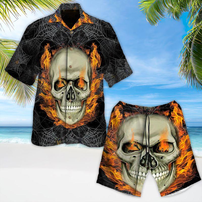 Skull Aloha Hawaiian Shirts For Summer, Flaming Skull Art Spiderweb Background Hawaiian Set For Men Women, Gift For Horror Style Lovers, Friend, Team