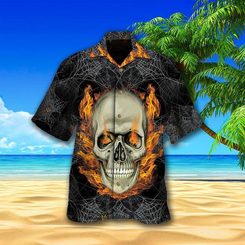 Skull Aloha Hawaiian Shirts For Summer, Flaming Skull Art Spiderweb Background Hawaiian Set For Men Women, Gift For Horror Style Lovers, Friend, Team - Image 2