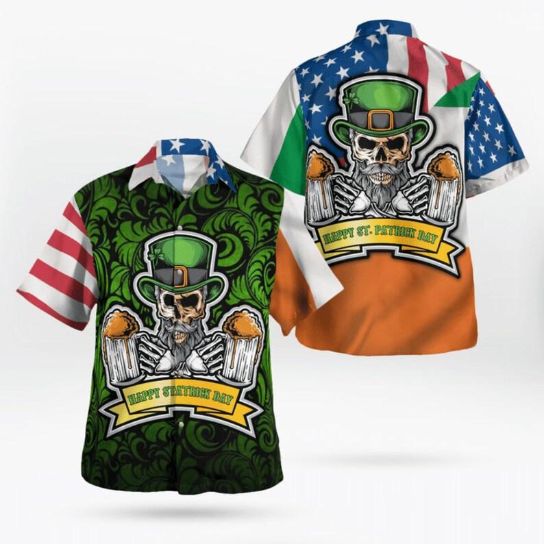 Skull Beer American Flag Irish St Patrick's Day Aloha Hawaiian Shirts For Men Women, 4th Of July Gift For Summer, Friend, Family, Independence Day